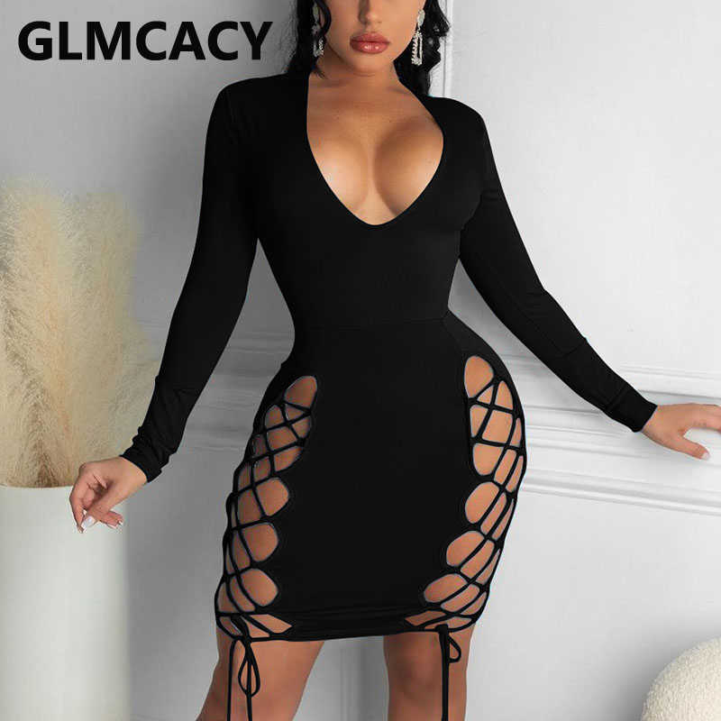 Women Long Sleeve Plunge V-neck Sexy & Club Bandage Mini Dress 210702
