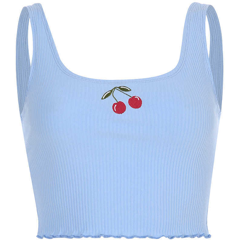 Cotton Ribbed Cherry Embroidery Tank Top Sweet Fashion Cropped Sleeveless Summer Vest Crop s Clothing 210607