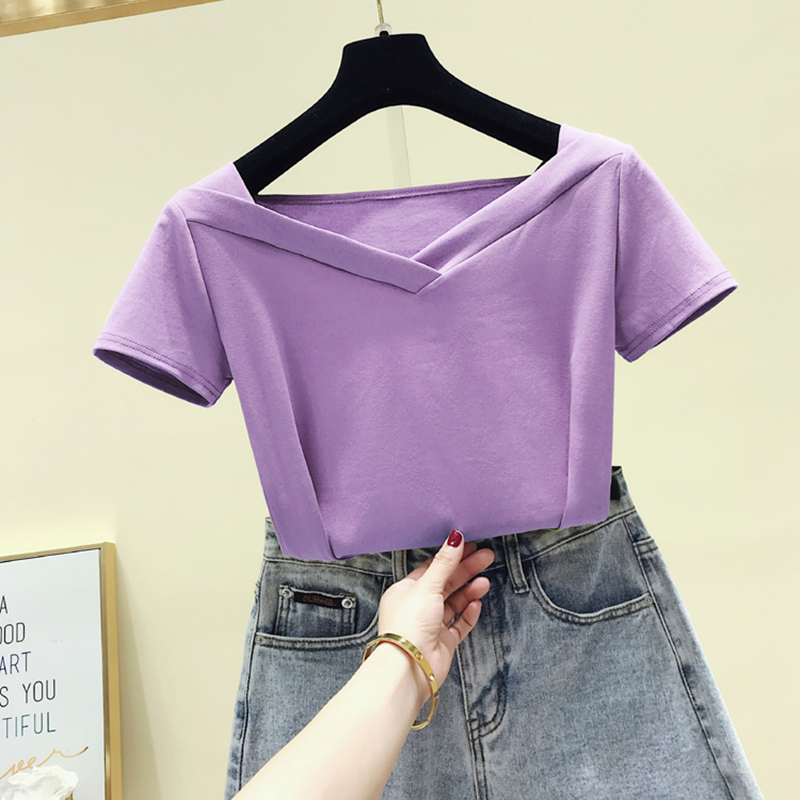 gkfnmt Cotton Korean Sexy VNeck Purple T shirt Women Clothes Summer Short Sleeve Casual TShirt Female Tops Tee Shirt Femme T200614