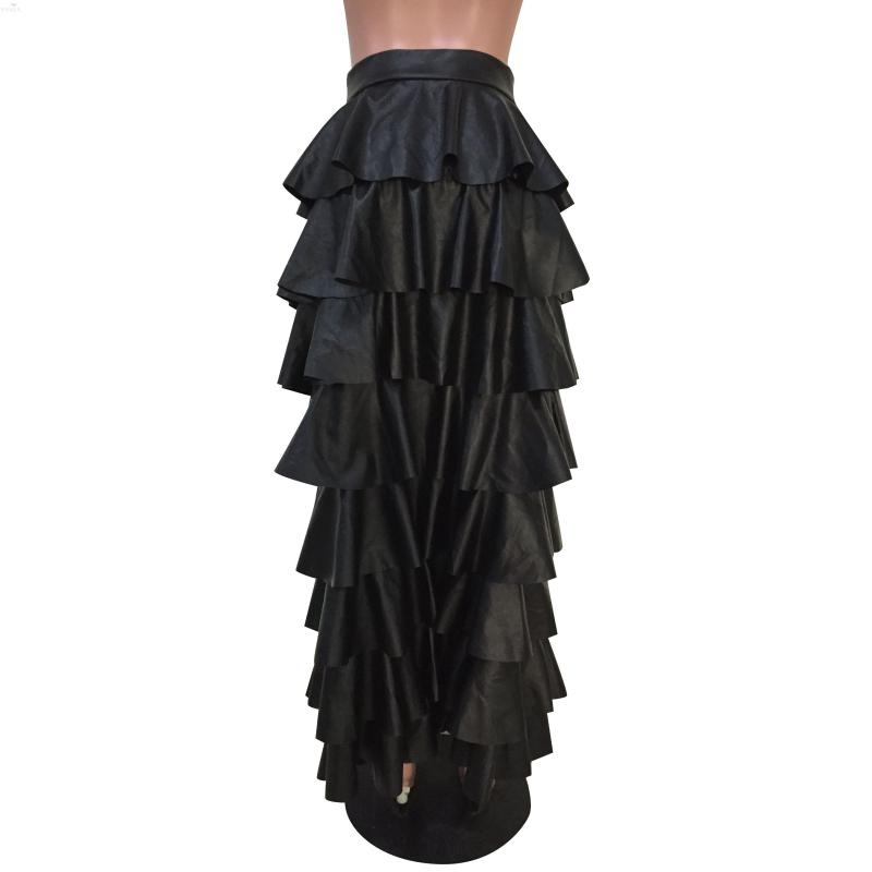 Skirts Korean Style Women Solid Color Multi-tiered Flounces Pu Leather Sexy Straigh Ankle Length Night Clubwear