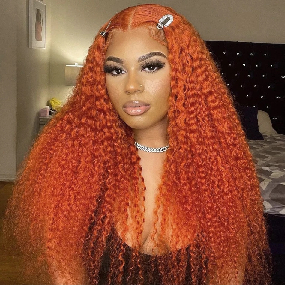 28 30 Inch Ginger Orange Colored Curly 13x4 Lace Front Human Hair Wigs 180 Deep Wave Synthetic Wig For Black Women