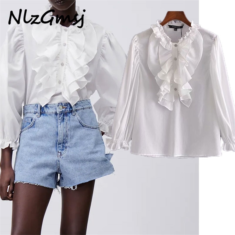 

Blouse Women Vintage Ruffle Jewel Button Shirt Long Sleeve Spring Woman Chic Soft Loose Tops 03 210628, As picture