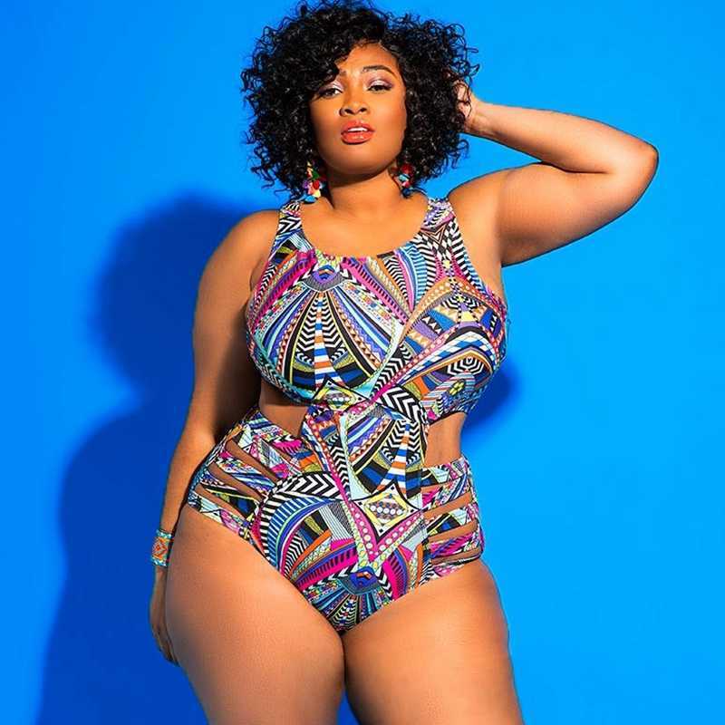 Plus Size Swimwear Bandage Cut Out Bathing Suit Women Swimsuit African Print Monokin Large Bodysuit Sexy 210611