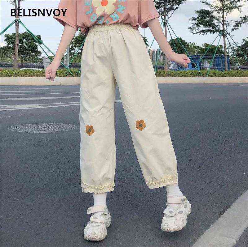 Japanese Kawaii Harajuku Teen Girls Loose Bear Embroidery Wild Leg Baggy Pants Casual Female Sweet Cute Sweatpants Trousers 211115