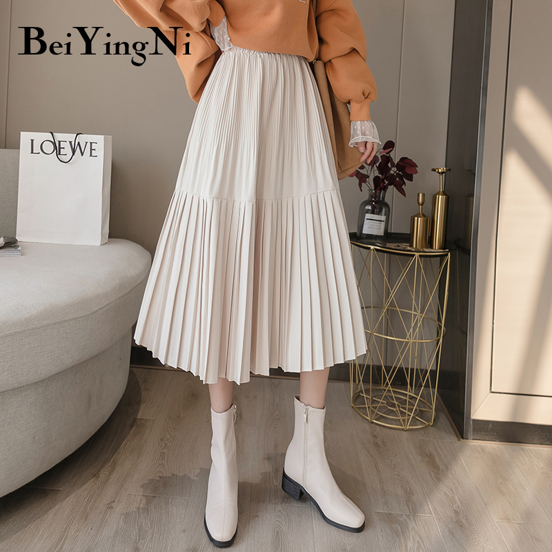 Beiyingni Vintage Pleated Midi Skirt for Woman Casual Elastic High Waist Solid Skirts Womens Harajuku Office Skirt Ladies 210309