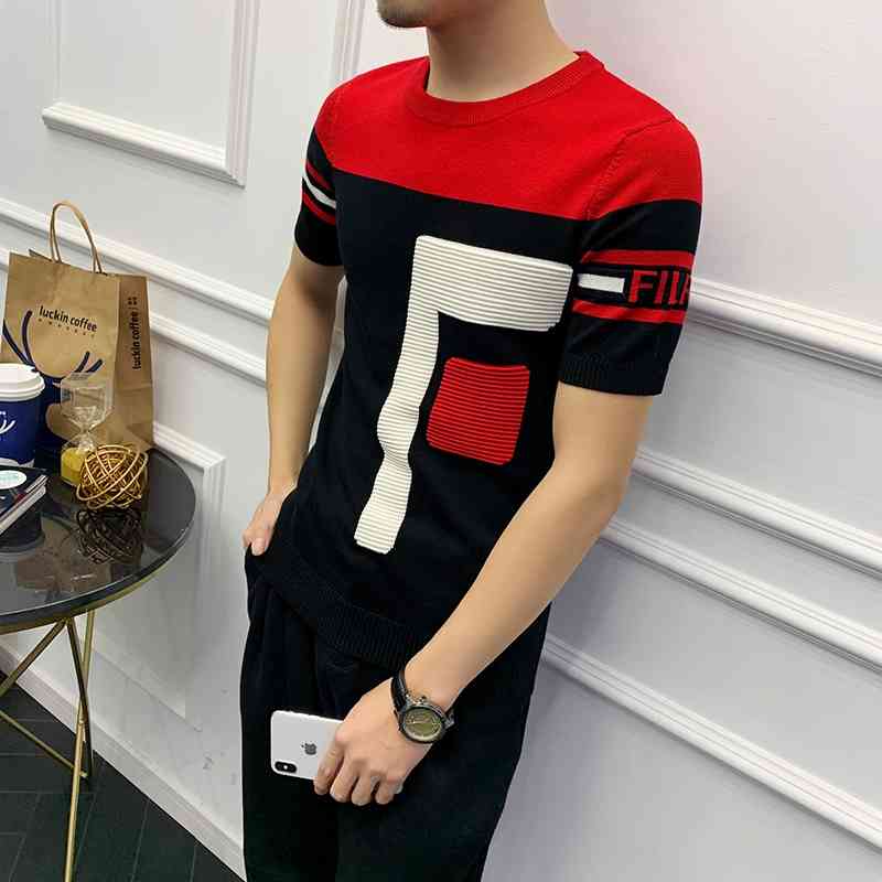 4 Seasons Dress Short Sleeve Male Knitting Tshirt Tee Jacquard High Quality Streetwear Round T-shirt Camisetas Hombre 210629