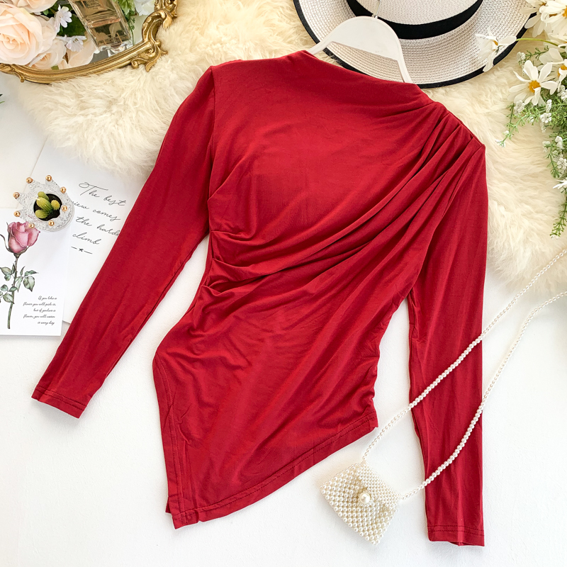Women's Autumn New Crowd Fold Thin Irregular Tops Ins Long Sleeve Solid Color Casual Tee J763 210302