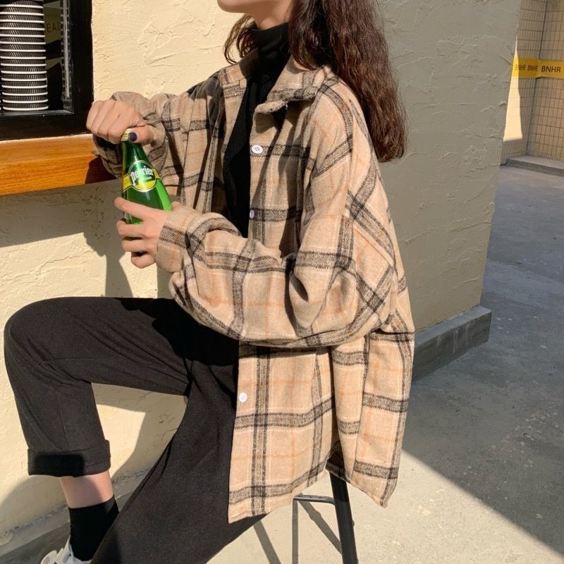 Women Plaid Warm Shirt Female Jacket Checked Coat Casual Turn-down Collar Long Sleeve Autumn Blouse Fashion Loose Outwear Tops 210225
