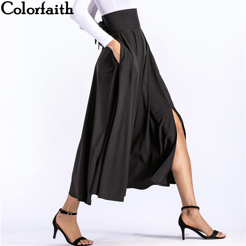 Colorfaith Women Slit Long Maxi Skirt Vintage Ladies Fashion Pleated Flared Pockets Lace Up Bow Plus Size 4XL Skirt SK8831 210306