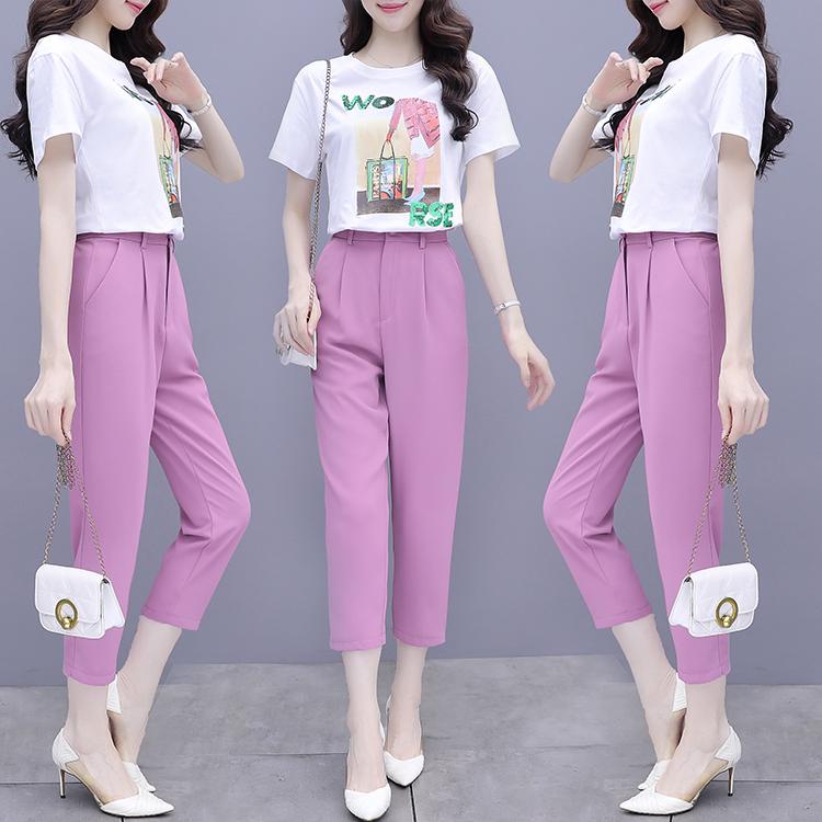 Women's Two Piece Pants Summer Print Sequins Sweatshirt Purple Pnats Korean Fashion Career Pcs Suit Leisure Outfit Top Set Clothing