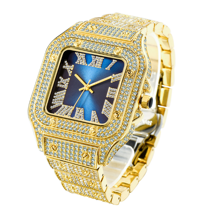 MISSFOX Roman Scale Trendy Hip Hop Square Dial Mens Watches Classic Timeless Charm Watch Full Diamond Accurate Quartz Movement Life Waterproof Wristwatches, No send watch for shipping