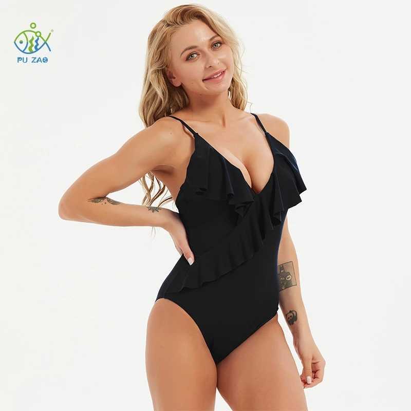 Ruffled Swimsuit Solid Color High Waist Sling Quick-drying Swimwear Beach Push-up Backless Bathing Women 210702