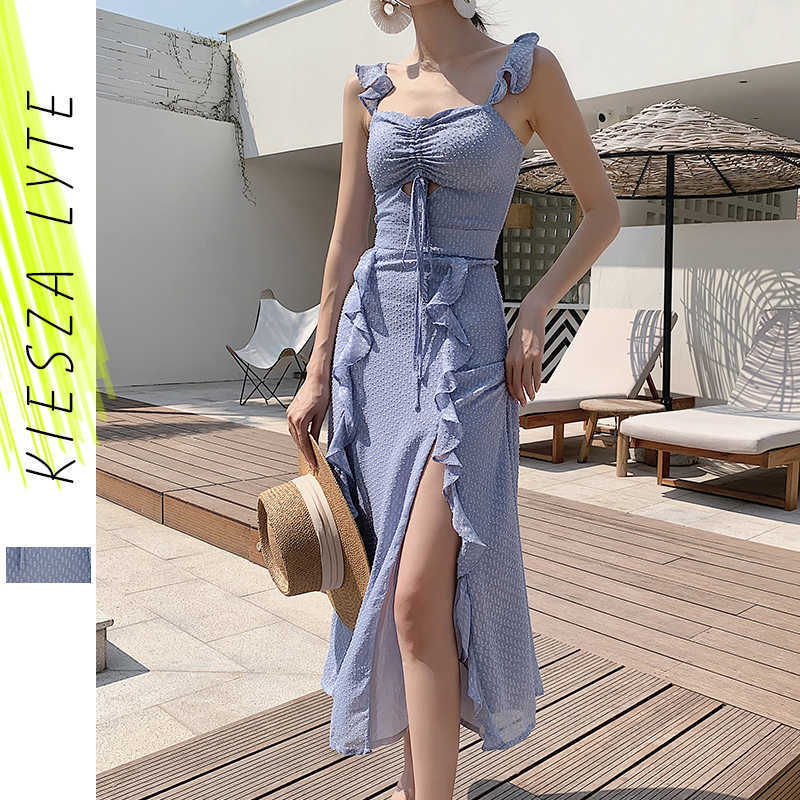 Women Ruffle Irregular Dress Summer Boho Sexy Strap Hollow Out Drawstring Skinny Blue Slit Evening Party Dresses Vestidos 210608
Women Ruffle Irregular Dress Summer Boho Sexy Strap Hollow Out Drawstring Skinny Blue Slit Evening Party Dresses Vestidos 210608