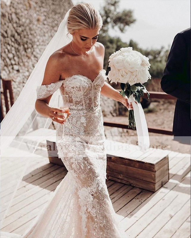 Off Shoulder Mermaid Wedding Dress Lace Bohemian Wedding Dresses Illusion vestidos de novia Bridal Gowns