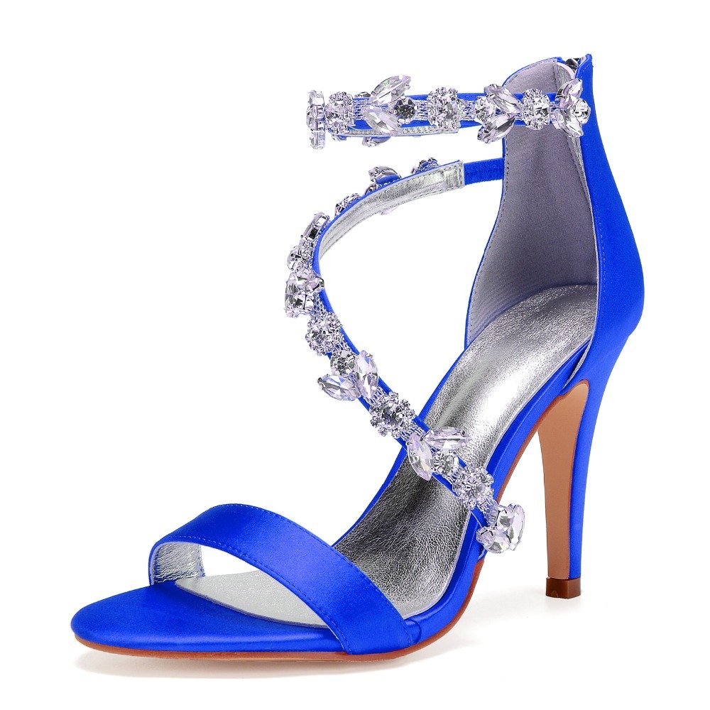 High Heels Rhinestones Wedding Sandals Shoes Women Open Toe Satin Zipper Back Strap Evening Party Summer Ladies Sandals 210308