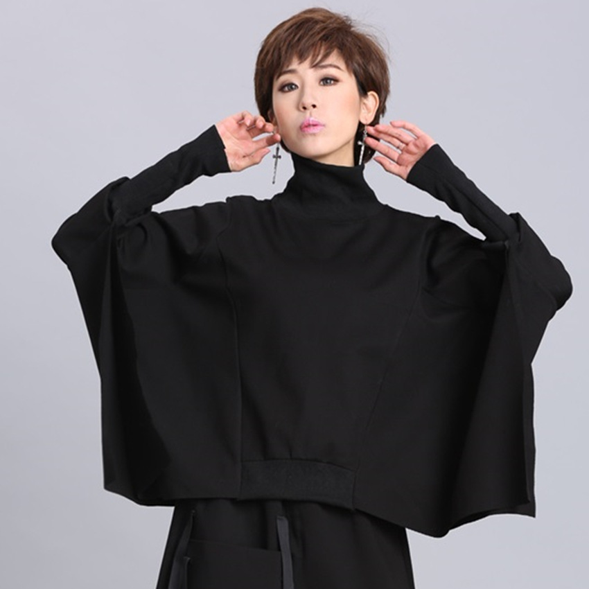 [EAM] Loose Fit Black Asymmetrical Oversized Sweatshirt New Turtleneck Long Sleeve Women Big Size Fashion Tide Spring LJ201130