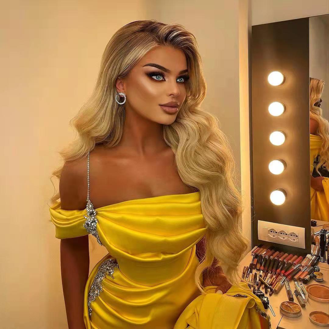 Sexy Arabic Yellow Mermaid Prom Dresses With High Slit Off The Shoulder Beaded Long Evening Dress Elegant Formal Party Gowns Robe De Soirée Plus Size