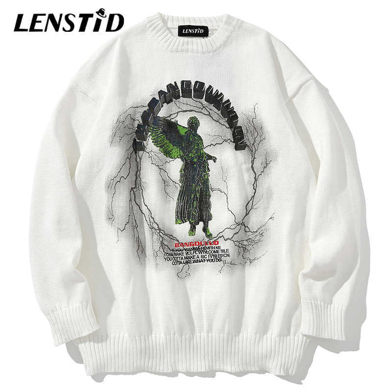 LENSTID Men Hip Hop Knitted Jumper Sweaters Angel Lightning Printed Streetwear Harajuku Autumn Oversize Hipster Casual Pullovers 211008