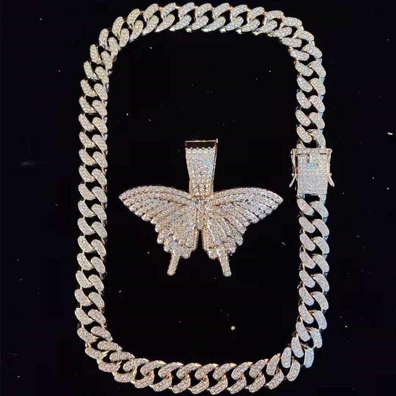 Pendant Necklaces Men Women Hip Hop Butterfly Necklace With 13mm Miami Cuban Chain Iced Out Bling HipHop Fashion Charm Jewelry