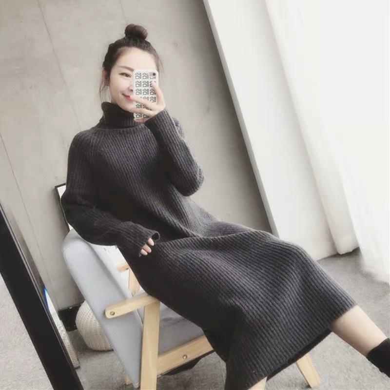 Casual Dresses Turtleneck Knitted Sweater Dress Ladies Fall Winter Elastic Cashmere Bottoming Shirt Midlength Over The Knee Thick
