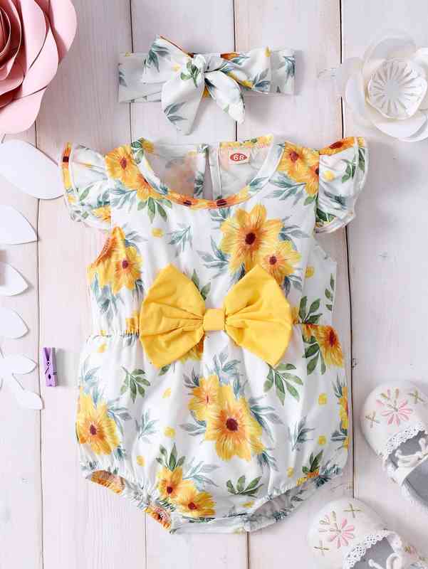Baby Floral Print Ruffle Sleeve Bow Front Bodysuit & Headband SHE
