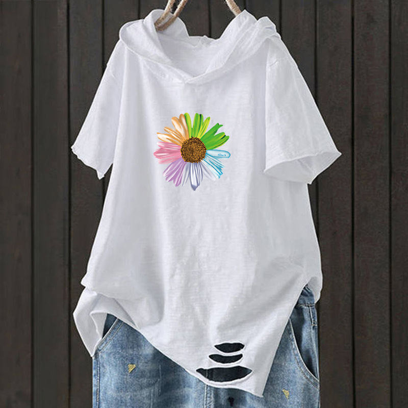 F&je New Fashion Summer Women T Shirt Plus Size Short Sleeve Loose Casual Hooded Tee Shirt Hole Cotton Femme Print Tops D32 210302