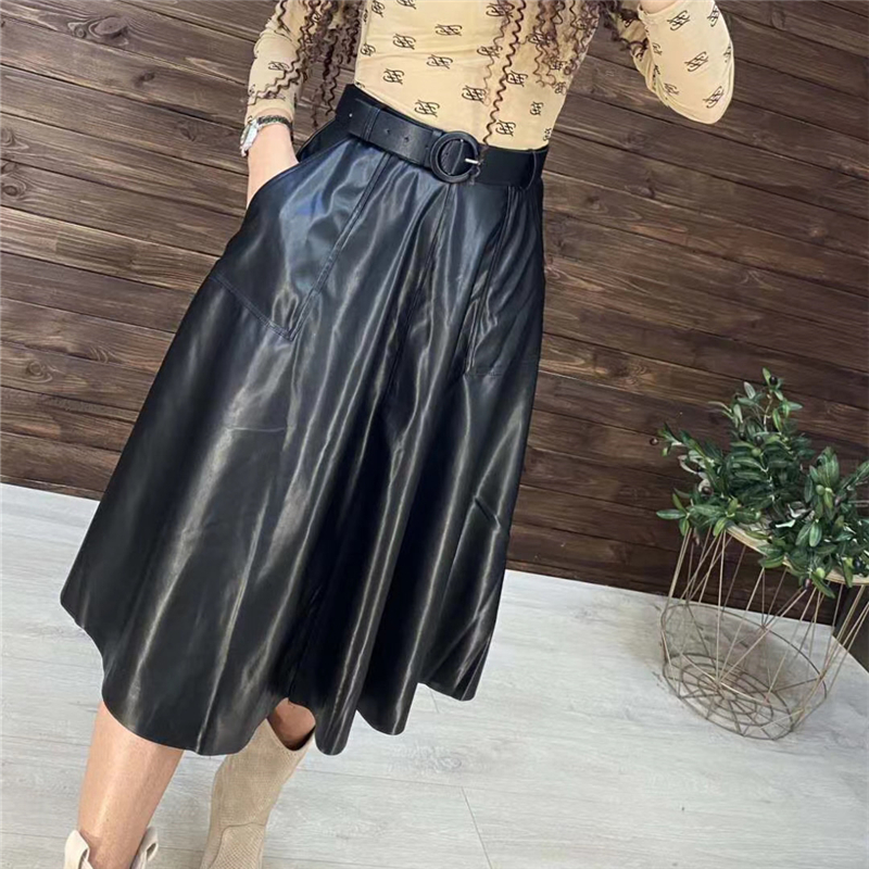 Neophil Winter Women Pu Faux Leather Pocket Midi Skirt Flare High Waist Solid Female Skater Belt Skirts Longa Saia S9109 210309