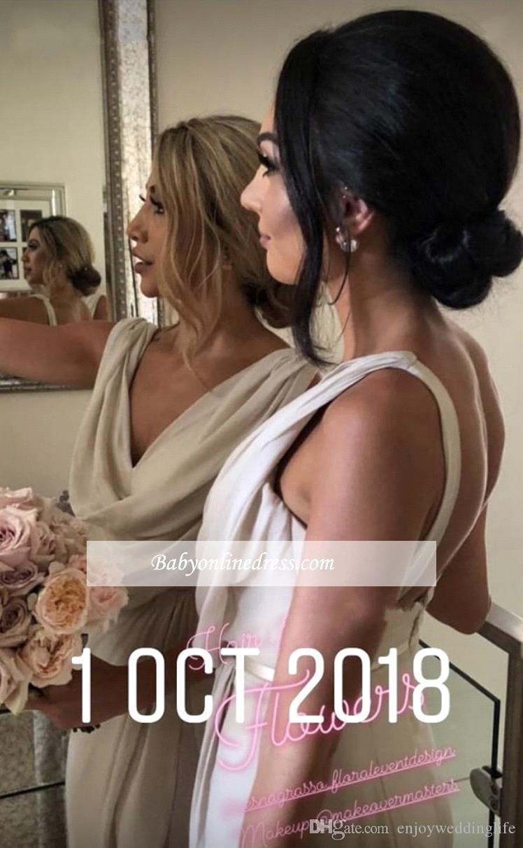 NEW Champagne V Neck Cheap Country Bridesmaids Dresses Sheath Ruched High Split After Party Look Maid of Honors Gowns Wedding Guest Wear 2024
