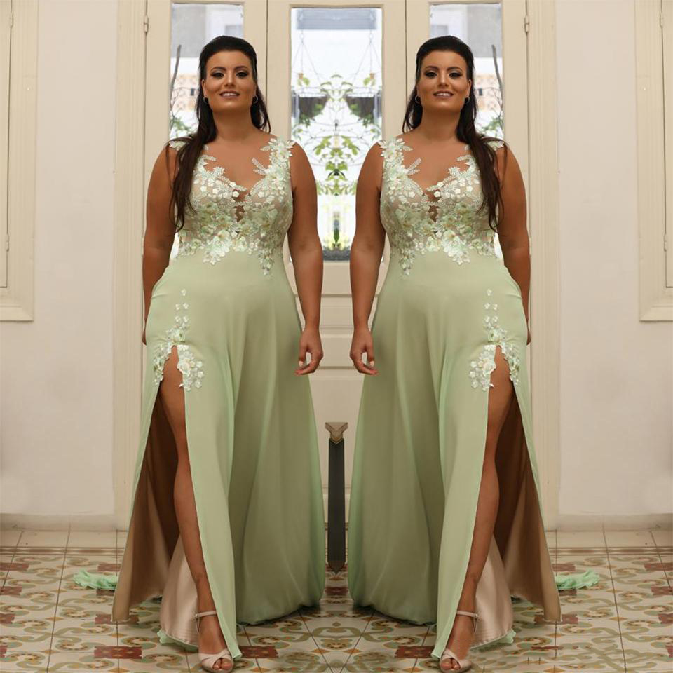 Light Green Plus Size Appliqued Prom Dresses Sheer V Neck Evening Gown A Line Split Side Chiffon Floor Length Formal Dress Abiye 2022 0509
