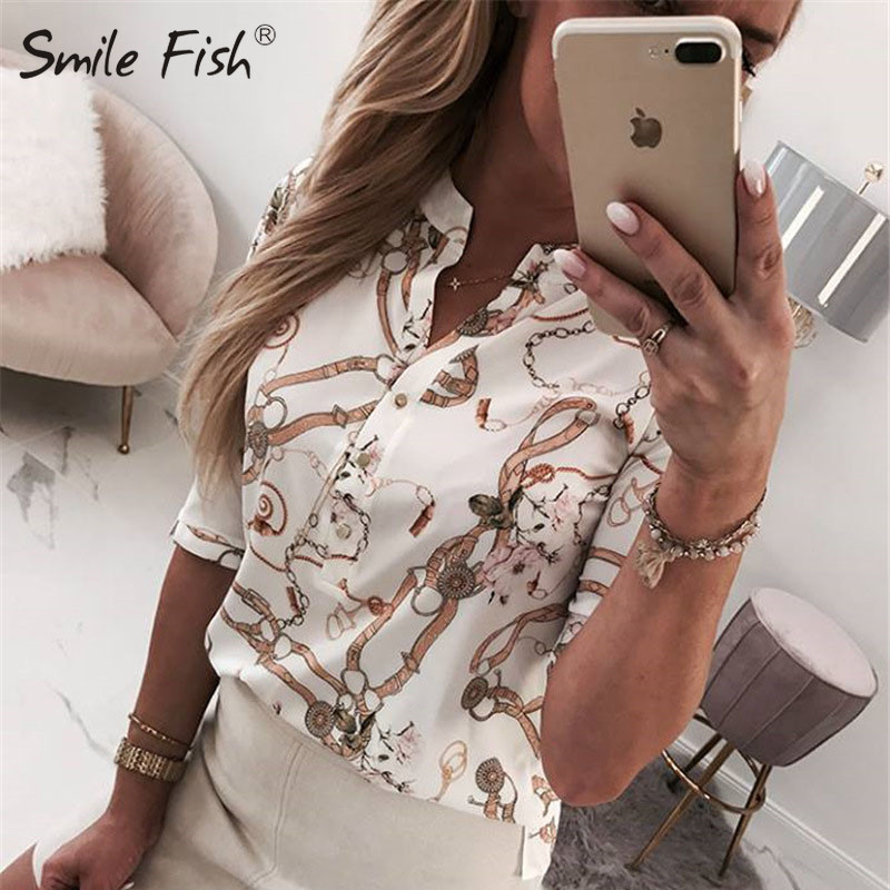Letters Printed Buttons Up Stand Collar Shirts Women New Fashion Lady White Blouses 3XL Long Sleeve Chain Blusas Plus Size M0303 210225