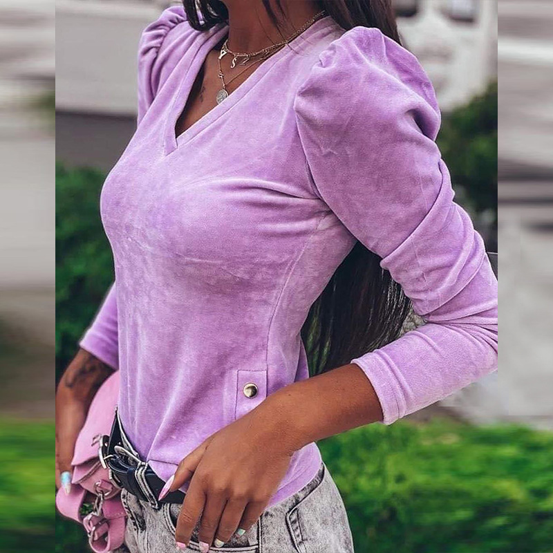 Pink Solid Korean Style Purple Velvet T-Shirt Women Clothes Autumn Brown Pure Casual Ladies Split T Shirts Top Woman Tshirt 210302