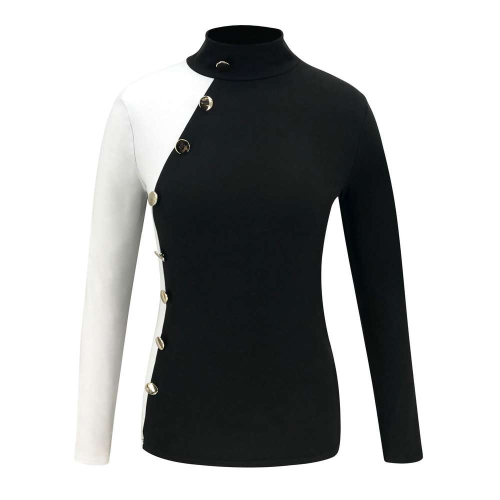 OL T Shirt Women Long Sleeve Turtleneck Tee Shirt Femme Elegant Ladies Buttons Autumn Winter Top Office Lady Contrast Top D25 210302