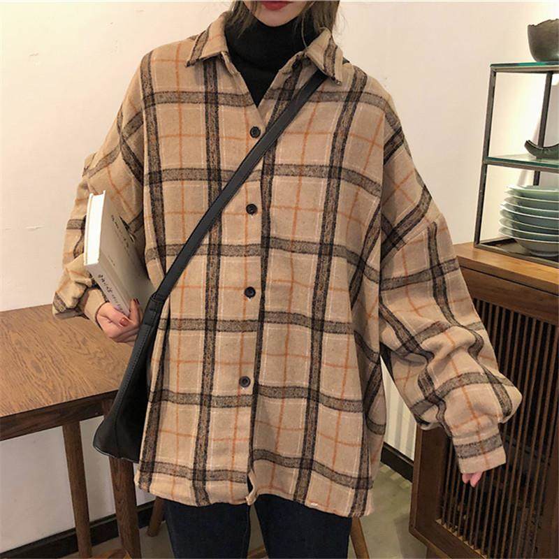 Women Autumn Winter Long Sleeve Blouse Fleece Shirts Loose Female Plaid Blouse Casual Street Lady Korean Oversized Top 210225