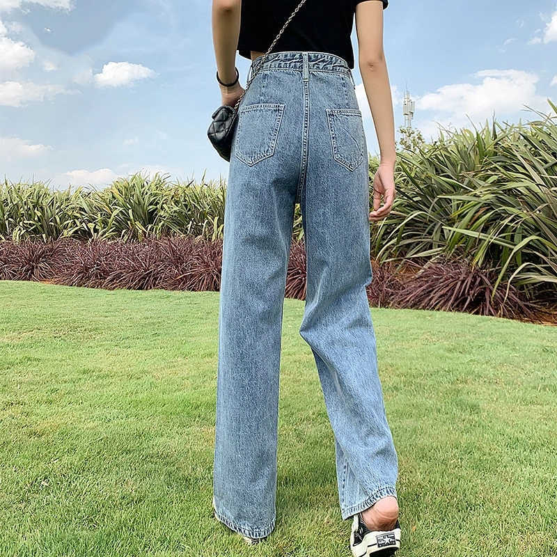 Straight high waist jeans woman denim pants Full Length trousers clothing plus size black korean fashion streetwear 210809