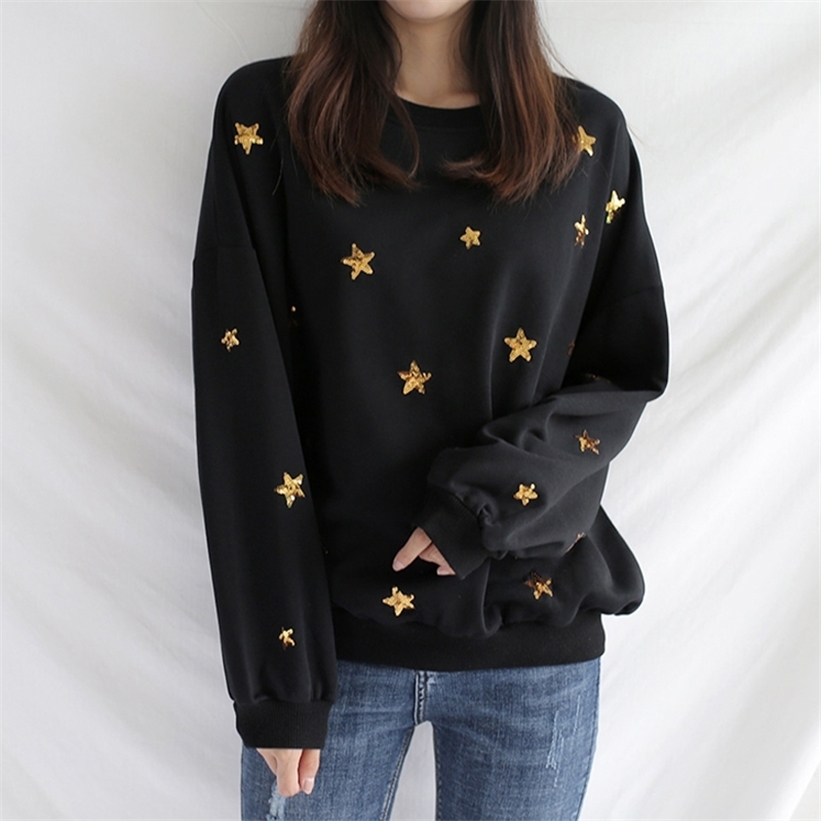 PERHAPS U Women Autumn Winter Crew Neck Black Star Sequined Bling Sweatshirts Pullovers Casual H0037 201217