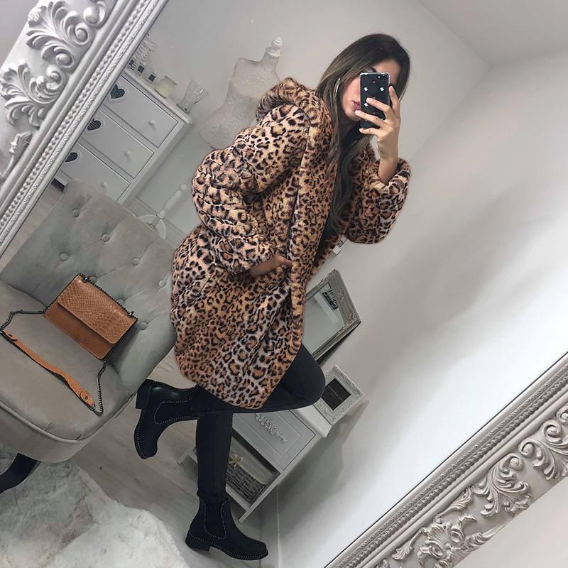 Women's Fur & Faux Autumn Winter Leopard Coats Women Hooded Coat Luxury Warm Plush Fake Jacket Fashion Artificial Womens Outwear