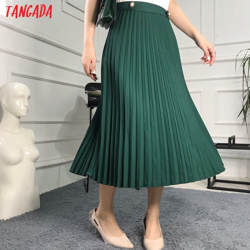 Tangada women green pleated midi skirt button decorate side zipper office ladies elegant chic mid calf skirts QB206 210309