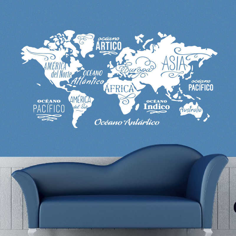 World map in words vinyl wall sticker Oceans and Continents in spanish home decor wall decals DIY house decor for living room 210929