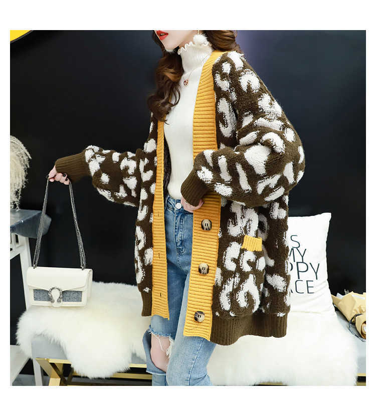 Open Stitch Leopard Casual Cardigans Women Fashion Long Sweater and Red Yellow Oversized Knit Jacket Out Coat 210914