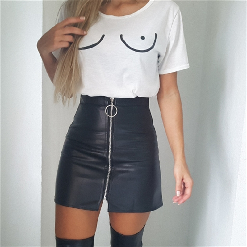 Sungtin High Waist Faux Leather Skirt Women Sexy Mini Short Bodycon Pencil Skirts Spring Front Zipper PU ALine Skirt 210306