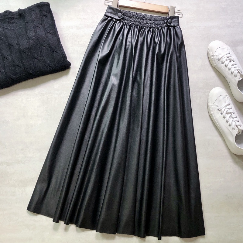 Neophil Ladies PU Fur Faux Leather Midi Skirts Winter Solid Fashion Pleated High Waist Vintage Women Skirts Longa Saia S9729 210309