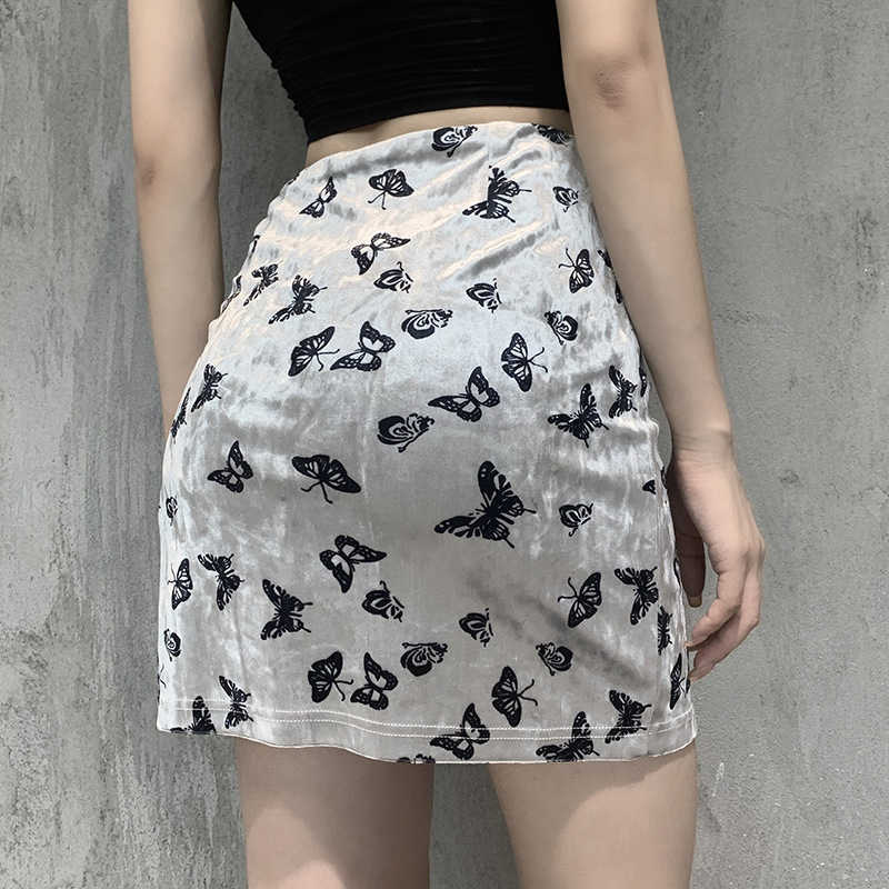 Sexy mini skirt velvet Butterfly Embroidery Black s womens aesthetic High Waist vintage harajuku black gothic 210619