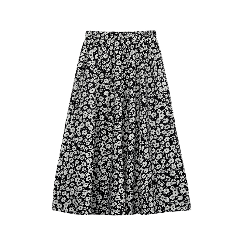 Spring Vintage Floral Print Ruffle Pleated Long Skirts Women Korean Skirt Streetwear Drawstring Elastic Waist Midi Skirt 210306
