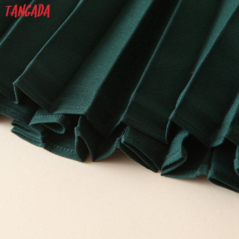 Tangada women green pleated midi skirt button decorate side zipper office ladies elegant chic mid calf skirts QB206 210309