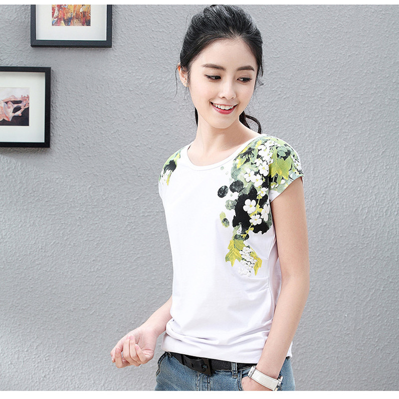 New Ladies' Tees Summer Printing White Cotton Short Sleeve T-shirt Loose Women's Batwing Sleeve T-shirt Plus Size Tshirts 210306