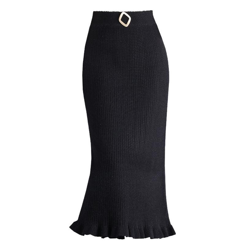 Skirts Autumn Winter Elastic High Waist Slim Black Two-sided Knitted Fishtail Skirt All-match Women Long