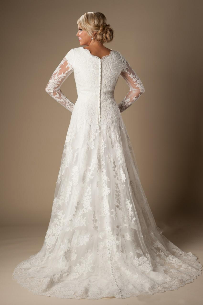Ivory A-e Vintage Lace Appliques Modest Wedding Dresses With V Neck Buttons Sleeves Long Bridal Gowns Custom Made
