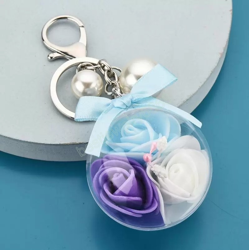 Fashion women Transparent Acrylic Ball Pendant keychains simulation rose flower Charms Pearl Lovely car bag Keychain Accessories