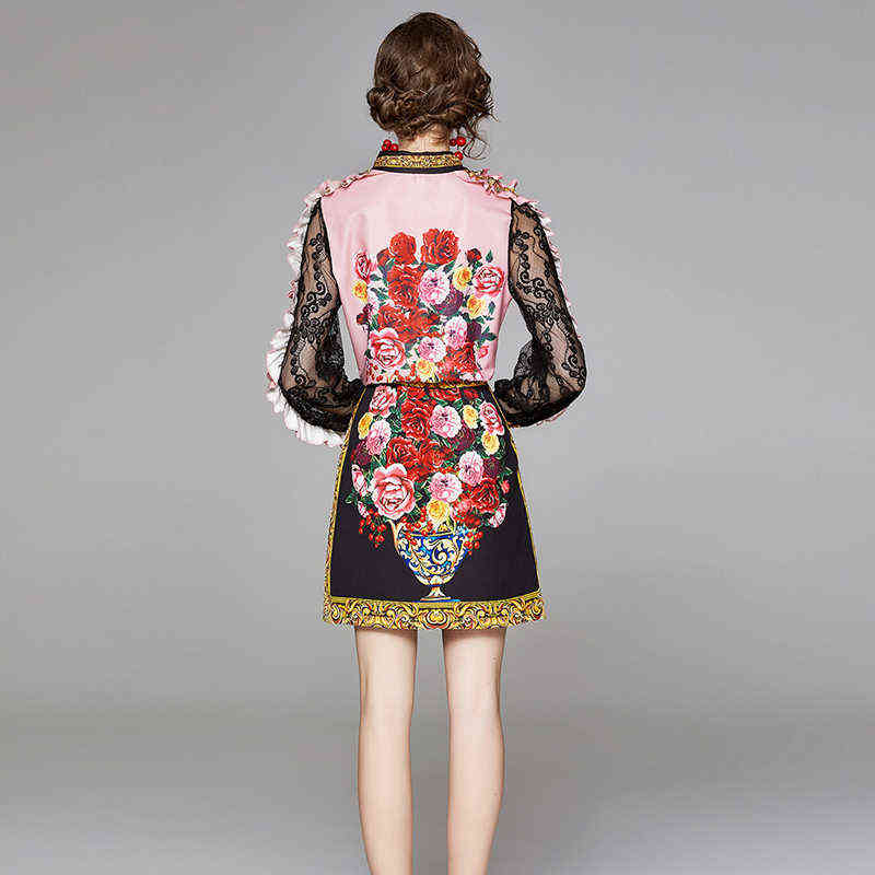 Runway Sicilian Roses Autumn Suit Women's Two Piece Suits See Through Lace Ruffles Sleeve Shirts + Floral Short Skirt 2pcs Sets 211106