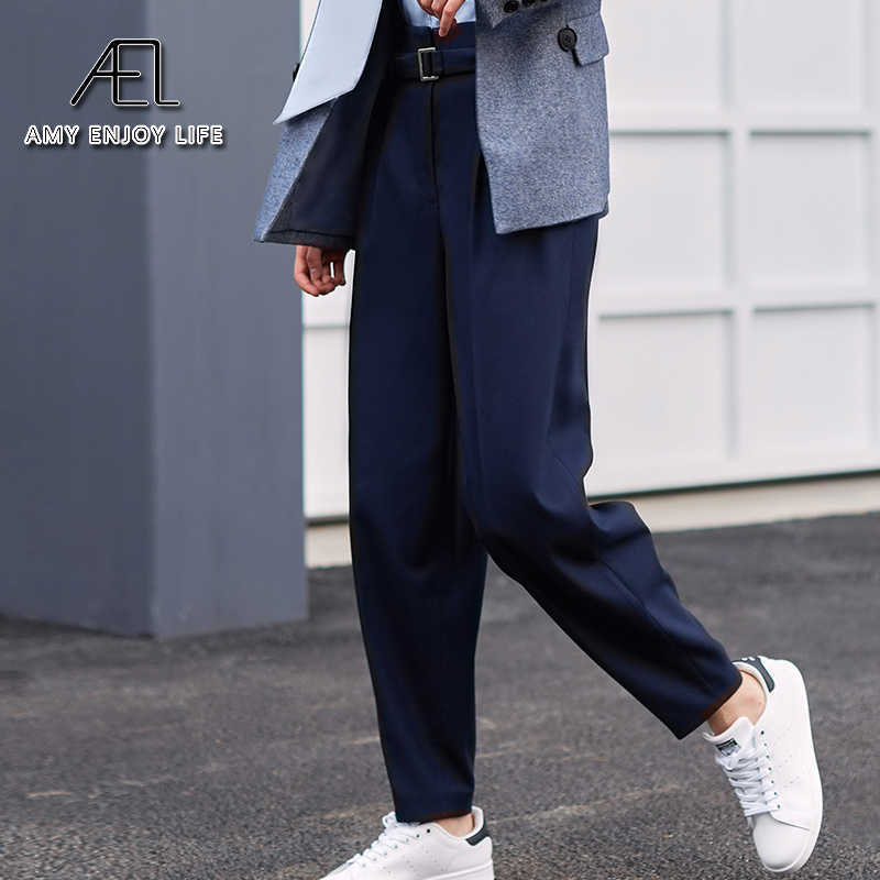 AEL navy blue suit pants woman high waist loose casual sashes office ladies long autumn 211115